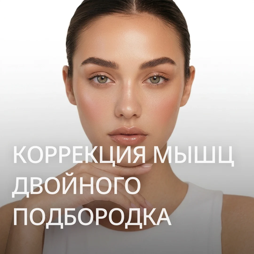 КОРРЕКЦИЯ МЫШЦ ДВОЙНОГО ПОДБОРОДКА DOUBLE-CHIN MUSCLE TIE — баннер с моделью, подчёркивающий линию челюсти