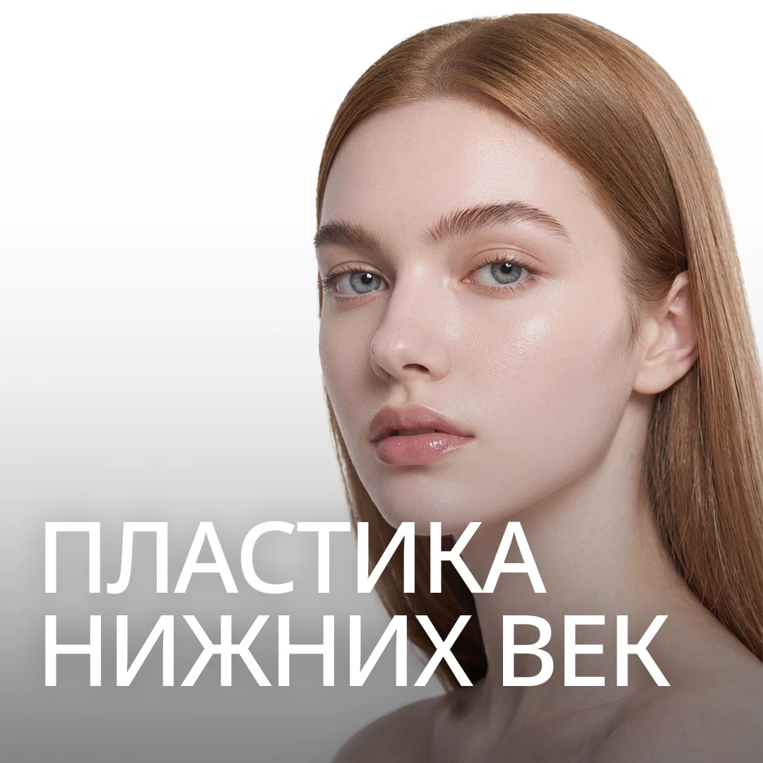 ПЛАСТИКА НИЖНИХ ВЕК UNDER EYE SURGERY — баннер с моделью, подчёркивающий линию под глазами