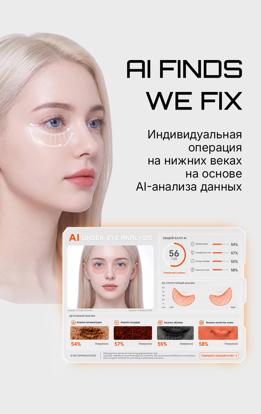 Индивидуальная операция на нижних веках на основе AI-анализа данных — AI FINDS. WE FIX. Отчёт точного анализа зоны под глазами (пигментация 54%, видимость сосудов 57%, потеря объёма 55%, качество кожи 58%)